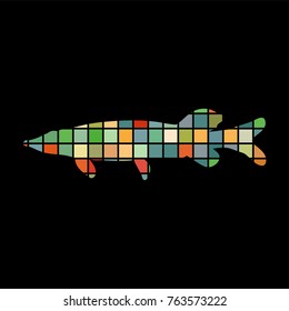 Pike fish mosaic color silhouette aquatic animal background black. Vector Illustrator