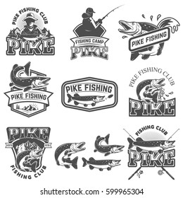 Pike fishing club emblems. Design element for logo, label, badge, sign. Vector illustration.