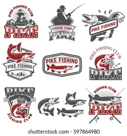 Pike fishing club. Fisherman's icons. Design elements for logo, label, emblem, sign. Vector illustration.