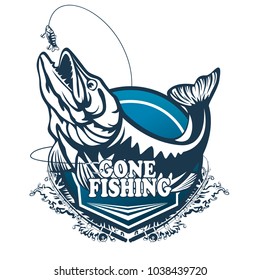 Pike fishing emblem. Pike fish logo vector. Outdoor fishing background theme. Angry fish logo.
