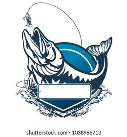Pike fishing emblem. Pike fish logo vector. Outdoor fishing background theme. Angry fish logo.
