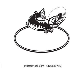 Pike fishing emblem. Pike fish logo vector. Outdoor fishing background theme. Angry fish logo.