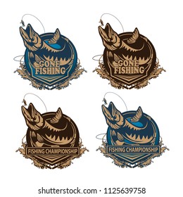 Pike fishing emblem. Pike fish logo vector. Outdoor fishing background theme. Angry fish logo.