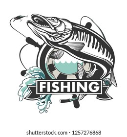 Pike fishing emblem. Pike fish logo vector. Outdoor fishing background theme. Angry fish logo.