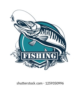 Pike fishing emblem. Pike fish logo vector. Outdoor fishing background theme. Angry fish logo.