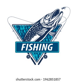 Pike fishing emblem. Pike fish logo vector. Outdoor fishing background theme. Angry fish logo.