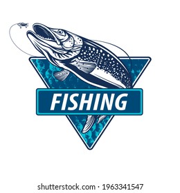 Pike fishing emblem. Pike fish logo vector. Outdoor fishing background theme. Angry fish logo.