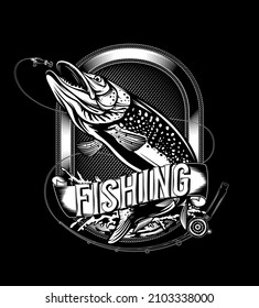 Pike fishing emblem. Pike fish logo vector. Outdoor fishing background theme. Angry fish logo.
