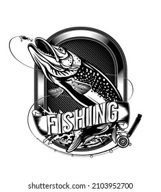 Pike fishing emblem. Pike fish logo vector. Outdoor fishing background theme. Angry fish logo.