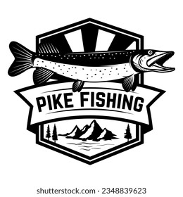 Pike fishing emblem in monochrome style. Pike fish isolated on white background