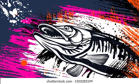 Pike fishing emblem shirt. Pike fish logo vector. Outdoor fishing background theme. Angry fish logo.