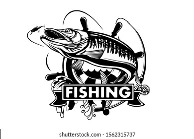 Pike fishing emblem shirt. Pike fish logo vector. Outdoor fishing background theme. Angry fish logo.