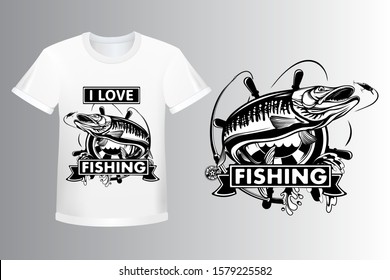 Pike fishing emblem shirt. Pike fish logo vector. Outdoor fishing background theme. Angry fish logo.