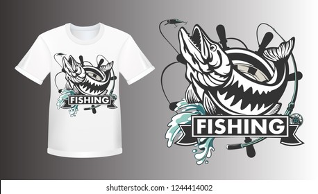 Pike fishing emblem shirt mockup. Pike fish logo vector. Outdoor fishing background theme. Angry fish logo.