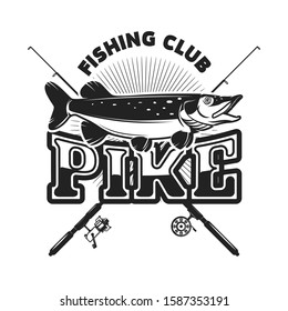 Pike fishing. Emblem template with pike fish. Design element for logo, label, sign, poster. Vector illustration