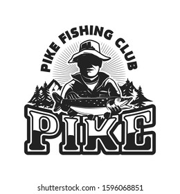 Pike fishing. Emblem template with fisherman and pike fish. Design element for logo, label, design. Vector illustration