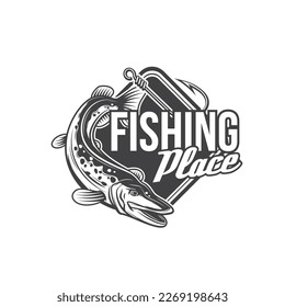 Pike fishing icon, vector fish and fisherman tackle hook. Fishing sport equipment and angler items with pike or predatory freshwater fish isolated badge, fisherman club emblem or outdoor hobby symbol