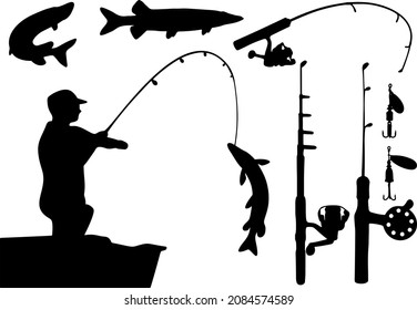 Pike fishing kit. The set includes pike, fisherman, spinning, pike bait.