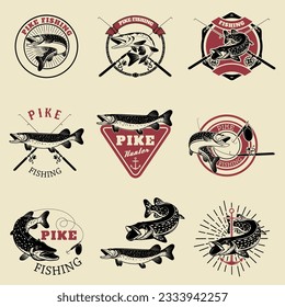 Pike fishing labels. Fishing club, team emblems templates. Vector illustration.
