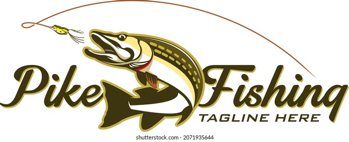 Pike Fishing Logo, Unique and Fresh Pike fish jumping out of the water. Great to use as you Pike Fishing Activity. 