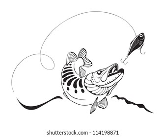 pike and fishing lure, art vector illustration