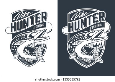 Pike Hunter Vector Emblem Design. Retro style badge with pike fish in motion catching bait. 