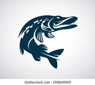 Pike icon or logo template. Jumping fish isolated on white background. Fishing concept. Vector illustration.