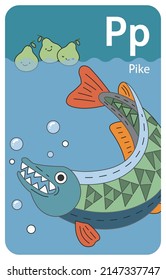 Pike P letter. A-Z Alphabet collection with cute cartoon animals in 2D. Pike swimming in the water and looking at floating pears. Green fish showing its sharp teeth. Hand-drawn funny simple style.