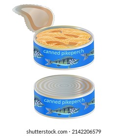 Pike perch canned. Canned food with painted pike perch. Open and closed. Vector set.