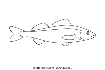 Pintura de la línea de pescado de la perca de lucio, lubina marina, marisco y animal de color submarino. El manjar del agua, gourmet. Pesca. Colores para los niños. Ilustración del vector aislada en fondo blanco