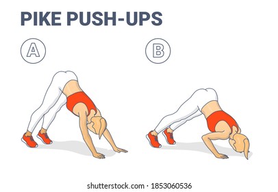 Pike Push-up. Female at Home doing Workout Exercise, Guidance. Colorful Concept of Girl Working on Her Triceps a Young Woman in Sportswear Top, Sneakers, and Leggings Doing Modified Pushup in Two Stages.