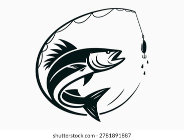 Pike ready to swallow hook with bait, black and white silhouette. Design element in monochrome vintage style isolated on light background. Vector illustration. Logo championship fishing sport club, ad