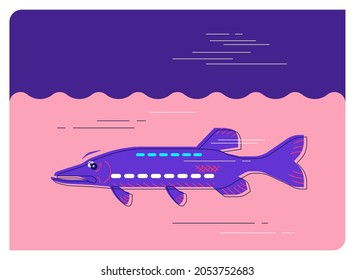 Pike in the river, minimalistic flat illustration