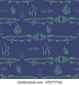 Pike. Seamless pattern of pike. Hand drawn sketch vector illustration