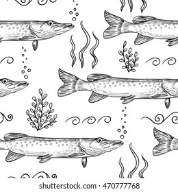 Pike. Seamless pattern of pike. Hand drawn sketch vector illustration. Design for printing on fabrics or paper. 