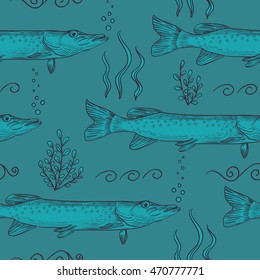 Pike. Seamless pattern of pike. Hand drawn sketch vector illustration. Fish pike,
