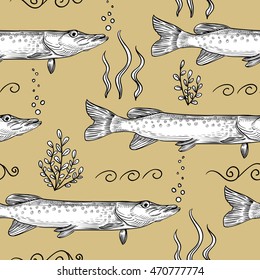 Pike. Seamless pattern of pike. Hand drawn sketch vector illustration