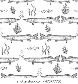 Pike. Seamless pattern of pike. Hand drawn sketch vector illustration. Design for printing on fabrics or paper. 