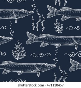 Pike. Seamless pattern of pike. Hand drawn sketch vector illustration