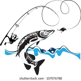 pike, spinning, reel and wobbler, stylized composition