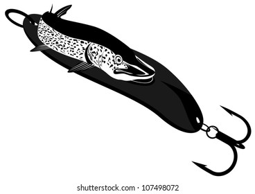 Pike is trolling. Black and white illustration.