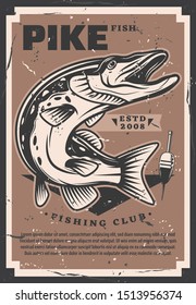 Pike trophy, fisher club competition vector. Freshwater fish and fishery gear equipment, fishing hobby sport tournament. Fishing league sporting event, vintage float bobber