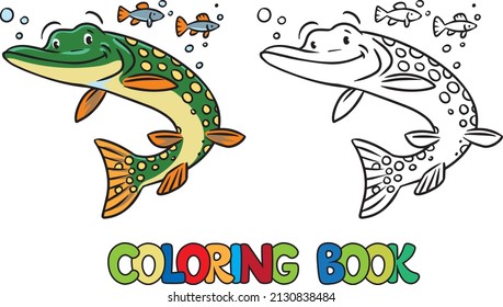 Pike in water coloring book. Kids vector