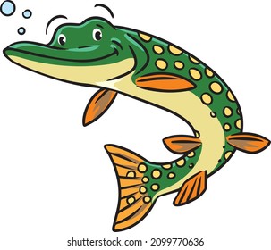 Pike in water. Funny kids vector illustration