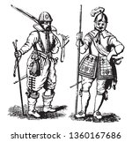 Pikemen from the Time of James I taken from a broadside held by the Society of Antiquaries at the turn of the twentieth, vintage line drawing or engraving illustration.