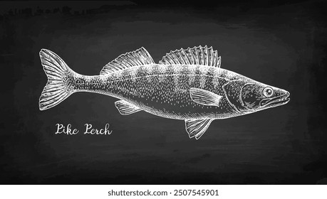 Pikeperch. Illustration of Zander. Freshwater fish. Sketch with chalk on blackboard background.