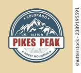 Pikes Peak, Colorado symbolic stamp, emblem with snow covered mountains, vector