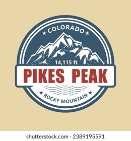 Pikes Peak, Colorado symbolische Briefmarke, Emblem mit schneebedeckten Bergen, Vektorgrafik