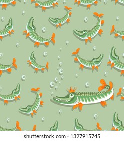 Pikes in the pond. Queen pike. Seamless pattern. Great pike. Design for the club of fishing enthusiasts, for printing on fabrics or paper.