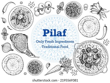 Pilaf cooking and ingredients for pilaf, sketch illustration. Middle eastern cuisine frame. Uzbek food, design elements. Hand drawn, package design. Arabic food